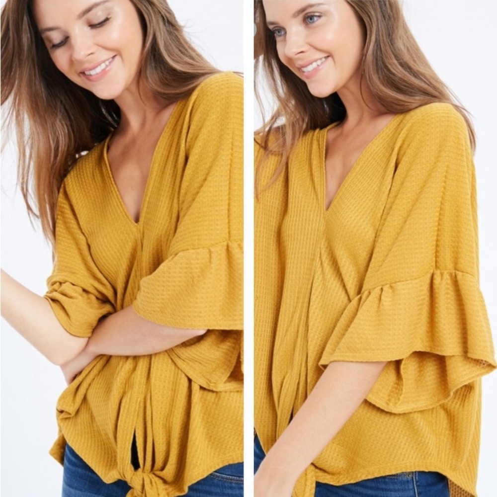 Flutter bell sleeve waffle knit tiefront Vneck top